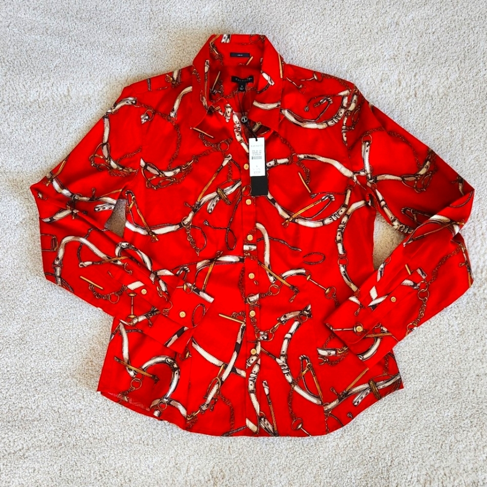 Talbots Red & Gold Equestrian Stretch Cotton Button Up Blouse Size 6 NWT